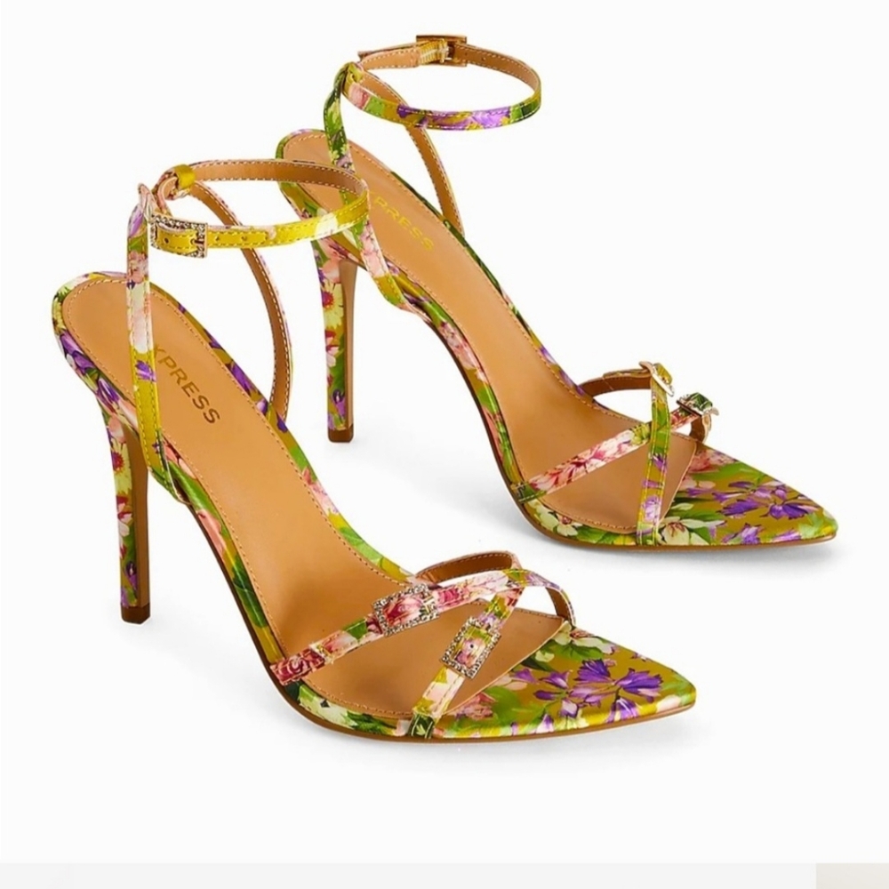 Express Floral Pointed Toe Strappy Rhinestone Heeled Sandals Size 8 NWOT